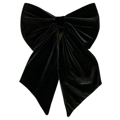 Giant Black Velvet Bow. This large black velvet bow is reinforced with soft foam for a full and plush shape. For indoor use only. Hanging implement not included. Measures 20in x 12in with 24in tails.