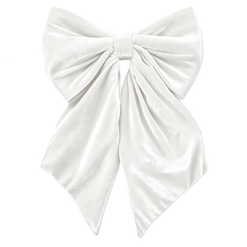 Giant White Velvet Bow. This large white velvet bow is reinforced with soft foam for a full and plush shape. For indoor use only. Hanging implement not included. Measures 20in x 12in with 24in tails.