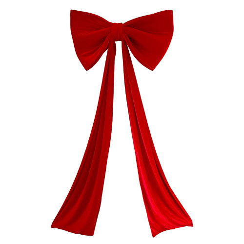 Giant Red Velvet Bow. This large red velvet bow, reinforced with soft foam for a full and plush shape, features long tails for extra flair. For indoor use only. Hanging implement not included. Measures 32in x 18in with 72in tails.