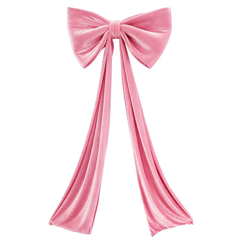 Giant Pink Velvet Bow. This large pink velvet bow, reinforced with soft foam for a full and plush shape, features long tails for extra flair. For indoor use only. Hanging implement not included. Measures 32in x 18in with 72in tails.