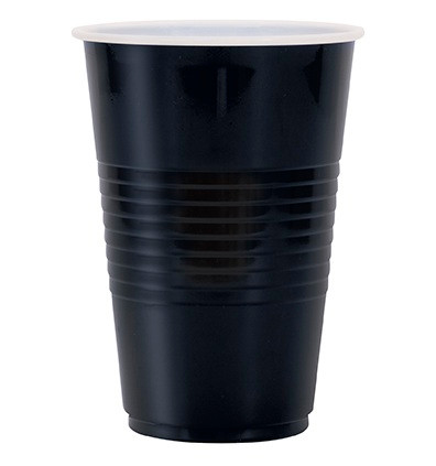 Black Plastic Cups. These plastic cups feature a solid black color and a raised grip, and should only be used for cold drinks. Package includes 50 count 16oz cups.