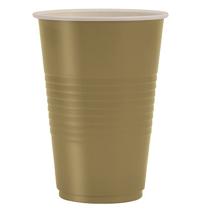 Gold Plastic Cups. These plastic cups feature a solid gold color and a raised grip, and should only be used for cold drinks. Package includes 50 count 16oz cups.