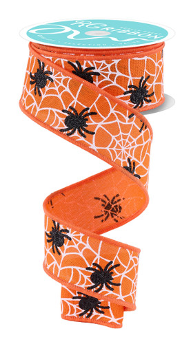 Glitter Spider Webs Ribbon. This orange polyester ribbon features white spider webs and glittery black spiders with orange borders. Measures 1.5in x 10yds.