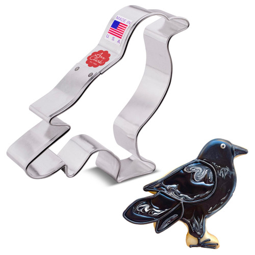 Crow Cookie Cutter. This sturdy metal cutter features a classic crow shape in a side profile. Measures approximately 4in.