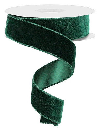 Hunter Green Velvet/Satin Ribbon. This dark green polyester ribbon has a soft velvet texture and a satin backing. Measures 1.5in x 10yds.