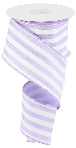 Vertical Stripe Lavender & White Ribbon. This polyester ribbon features light lavender and white stripes with matching lavender borders. Measures 2.5in x 10yds.