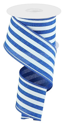 Vertical Stripe Royal Blue & White Ribbon. This polyester ribbon features royal blue and white stripes with matching blue borders. Measures 2.5in x 10yds.