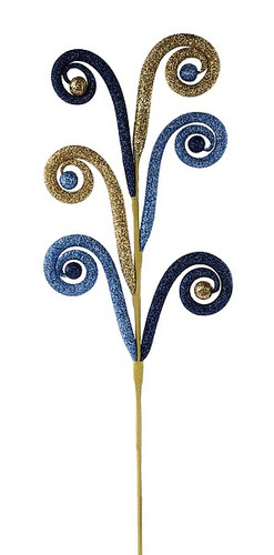 Glitter Tubing Coil Spray - Blue & Gold. This plastic spray features glitter tubes in coils with a ball on each end, all in a color scheme of gold, light blue, and navy blue. Measures 28.5in.