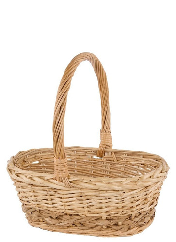 Willow Woven Braid Oval Shaped Basket - Small. This oval shaped woven basket is made of natural color split peeled willow. Measures 12in long, 9in wide, and 5.5in deep, about 12.5in tall with handle.