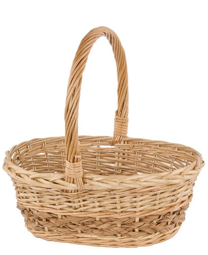 Willow Woven Braid Oval Shaped Basket - Medium. This oval shaped woven basket is made of natural color split peeled willow. Measures 14.5in long, 10.5in wide, and 6in deep, about 14.5in tall with handle.