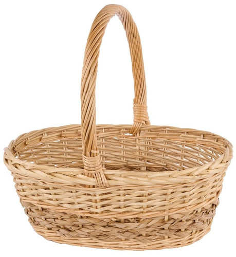 Willow Woven Braid Oval Shaped Basket - Large. This oval shaped woven basket is made of natural color split peeled willow. Measures 17in long, 13in wide, and 7in deep, about 16in tall with handle.