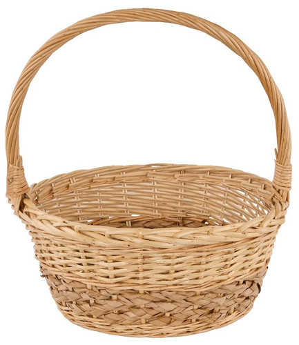 Willow Woven Braid Round Basket - Large. This round shaped woven basket is made of natural color split peeled willow. Measures 14.5in diameter x 7in deep, about 16.5in tall with handle.