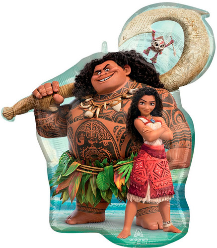 This shaped ballon features Maui holding his hook and Moana standing with her arms crossed. Balloon is approximately 26 inches after inflation.