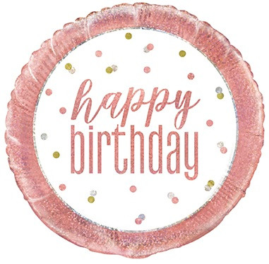 Glitz Rose Gold Happy Birthday Balloon. This circular balloon features a white background with sparkly rose gold trim and rose gold, silver, and gold confetti as well as "happy BIRTHDAY" in rose gold text. Balloon is approximately 18 inches after inflation.