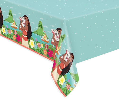 Moana Plastic Tablecover. This seafoam blue, rectangular, plastic tablecover features a pattern of tiny bubbles with a repeating pattern of a 2D Moana hugging her pet pig Pua in front of tropical flowers along the borders. Measures 54in x 84in.