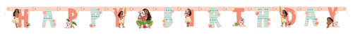 Moana Happy Birthday Jointed Letter Banner. This blush pink printed cardstock banner features letters alternating in darker pink and a blue pattern that spell "HAPPY BIRTHDAY" with portraits of 2D Moana, Pua, and Hei Hei incorporated throughout. Measures about 5in x 6.25ft.
