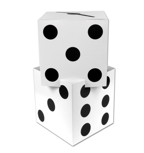 3D Stacked Dice Centerpiece. This printed cardstock piece features two classic black and white dice boxes stacked on top of each other, each measuring about 9in. Assembly required. Measures 17in x 9in when assembled.
