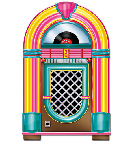 Jukebox Cutout. This shaped piece of cardstock is printed on both sides (with one side glossy) and features a colorful classic jukebox. Folded in package. Measures 3ft x 23in when unfolded.