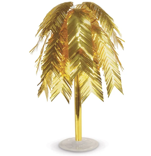Metallic Gold Cascade Centerpiece. This large centerpiece resembles a metallic gold palm tree with cascading leaves. On a small circular, clear plastic base. Measures 24in.