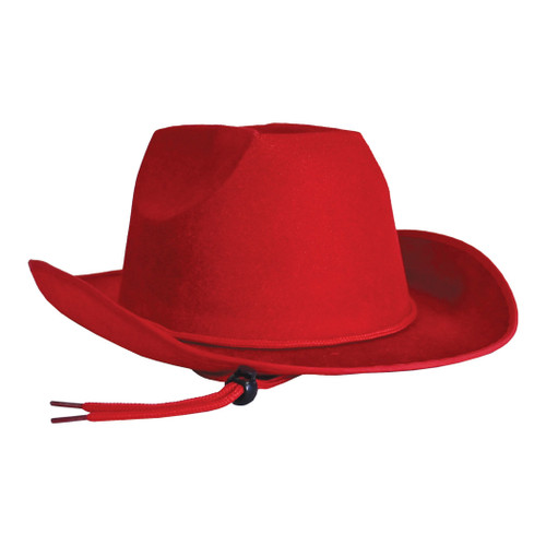 Red Velour Cowboy Hat. This velour cowboy hat features a red color and an adjustable chin strap. One size fits most.