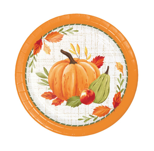 Autumn Orchard Dessert Plates. Featuring an orange trim with a muted green dashed line, these round paper plates have a white background with rustic light brown hatched lines and centered is a bouquet of gourds and fall foliage. Perfect for Thanksgiving dinners or autumn gatherings, they bring a festive and stylish touch to any fall table. Package includes 8 count plates measuring 6.9in.