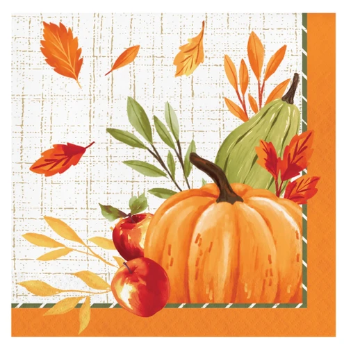 Autumn Orchard Luncheon Napkins. Featuring an orange trim with a muted green dashed line, these 2 ply paper napkins have a white background with rustic light brown hatched lines and in the corner is a bouquet of gourds and sprigs of fall foliage. Package includes 16 count napkins measuring 6.5in when folded.