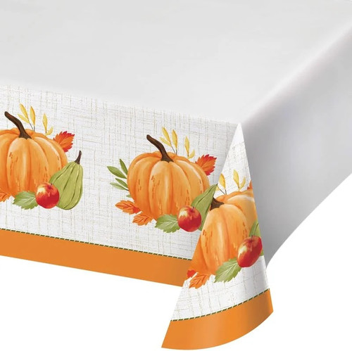 Autumn Orchard Paper Tablecover. This white, textured paper tablecover features a border print with an orange trim with a muted green dashed line, a white background with rustic light brown hatched lines, and a repeating bouquet of gourds and sprigs of fall foliage. Measures 54in x 96in.