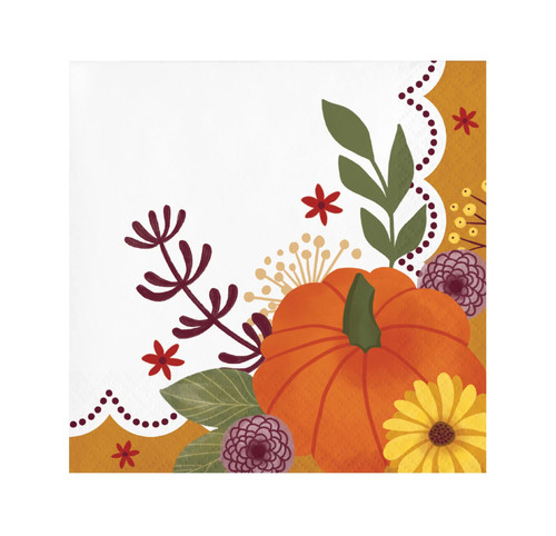 Petals and Pumpkins Beverage Napkins. These white, 2 ply paper napkins feature a decorative burgundy and gold trim and a pumpkin with sprigs of fall foliage in the corner. Package includes 16 count napkins measuring 5in when folded.
