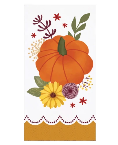 Petals and Pumpkins Guest Towel Napkins. These white, 2 ply paper napkins feature a decorative burgundy and gold trim and a pumpkin with sprigs of fall foliage. Package includes 16 count napkins measuring 7.75in x 4.25in when folded.