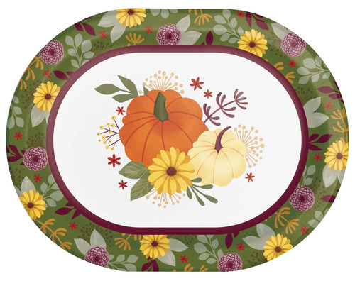 Petals and Pumpkins Oval Plates. Featuring a muted green trim with sprigs of fall foliage, these oval shaped paper plates have a white background with a bouquet of pumpkins and flowers in the center. Package includes 8 count plates measuring 12in x 9.4in.