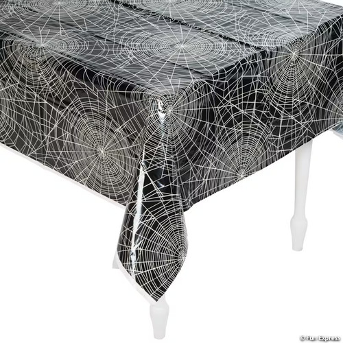 Vintage Spider Web Plastic Tablecover. This black rectangular plastic cover features an all over white spiderweb pattern. Measures 54in x 108in.