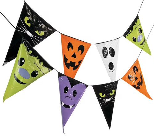 Large Pennant Halloween Character Banner. These large plastic flag pennants feature colorful cartoonish faces of classic Halloween characters such as vampires, black cats, Jack O Lanterns, ghosts, and Frankenstein's monster. Decorate a large space or consider layering to get full coverage of a smaller setup. Measures 24ft x 28in.