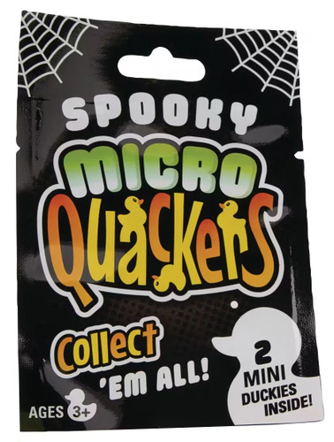 Spooky Micro Quackers Duck Blind Bag. This bag contains two mini vinyl ducks with a mystery style, such as cats, dogs, pumpkin, flamingo, and more. Duckies do not float upright. Desired styles not guaranteed, no returns or exchanges. Great for duck collectors. Package comes with 2 mini ducks measuring about .75in.