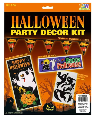 Halloween Party Decor Kit. This kit includes plastic hanging decorations for walls, doors, tables, windows, or mantles, that say "Happy Halloween," including a pennant flag bunting with Jack O Lanterns (11in x 144in), a door cover with a ghost and a Jack O Lantern (30in x 60in), a banner with multiple festive characters (20in x 60in), and a window cover with ghosts and a bat (30in x 47in). Package includes 4 count decorations total.