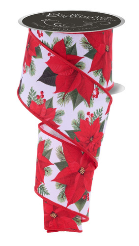 Poinsettia Ribbon. This white polyester ribbon features red borders with a print of pretty poinsettias, holly leaves and berries, and pine branches. Measures 2.5in x 10yds.