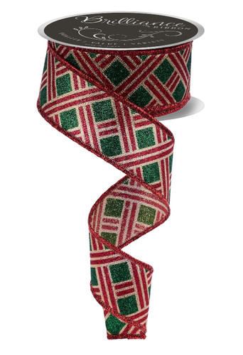 Woven Stripe Christmas Ribbon. This stylish ribbon is part polyester and part metallic, featuring a shimmery gold, hunter green, and burgundy pattern of stripes, with a red trim. Measures 1.5in x 10yds.