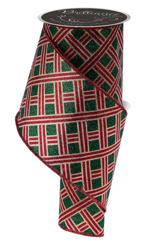 Woven Stripe Christmas Ribbon. This stylish ribbon is part polyester and part metallic, featuring a shimmery gold, hunter green, and burgundy pattern of stripes, with a red trim. Measures 4in x 10yds.
