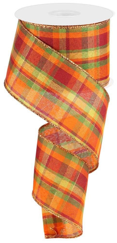 Fall Woven Plaid with Metallic Thread Ribbon. This ribbon features burgundy, orange, mustard yellow, green, and copper colors in a plaid design with shimmery metallic gold borders. Measures 2.5in x 10yds.