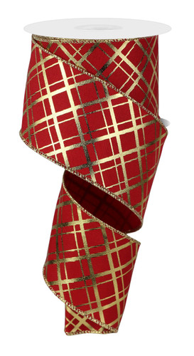 Metallic Thick and Thin Diagonal Lines Ribbon - Red and Gold. This red polyester ribbon features shimmery metallic gold lines that are thick and thin crossing each other diagonally, along with matching gold borders. Measures 2.5in x 10yds.
