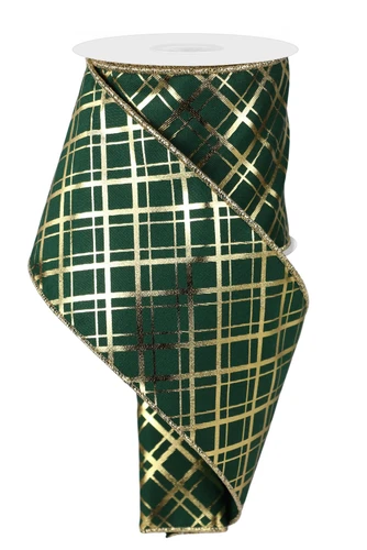 Metallic Thick and Thin Diagonal Lines Ribbon - Green and Gold. This hunter green polyester ribbon features shimmery metallic gold lines that are thick and thin crossing each other diagonally, along with matching gold borders. Measures 4in x 10yds.