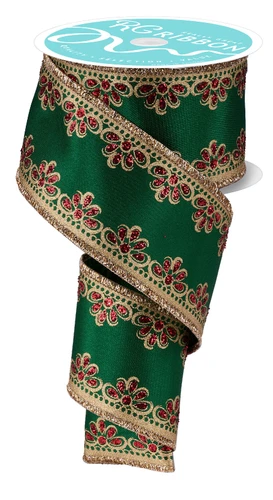 Lux Scallop Trim Ribbon. This green polyester ribbon features shimmery gold decorative scalloped edges with accents of red glitter along with gold borders. Measures 2.5in x 10yds.