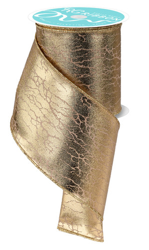 Cracked Gold Foil Ribbon. This polyester ribbon features shimmery gold with cracked veins of beige along with gold borders. Measures 4in x 10yds.