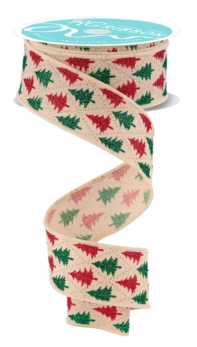 Harlequin Glitter Trees Ribbon. This tan polyester ribbon features a harlequin pattern of glittery red and green pine trees, accented with gold glitter, with tan borders. Measures 1.5in x 10yds.