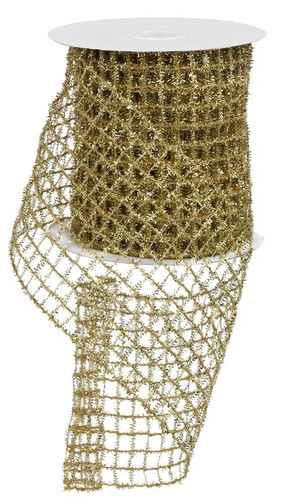 Gold Tinsel Mesh Ribbon. This part metallic, part nylon, and part polyester ribbon features shimmery gold tinsel in a mesh design. Measures 4.25in x 10yds.