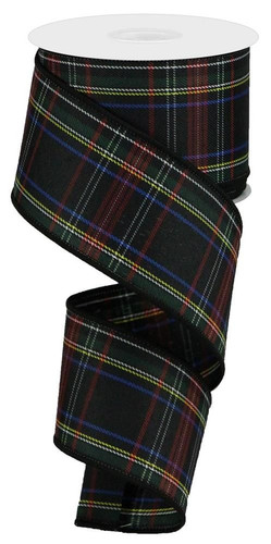 Black Plaid Ribbon. This ribbon features a plaid design in black, red gold, and blue with black borders. Measures 2.5in x 10yds.