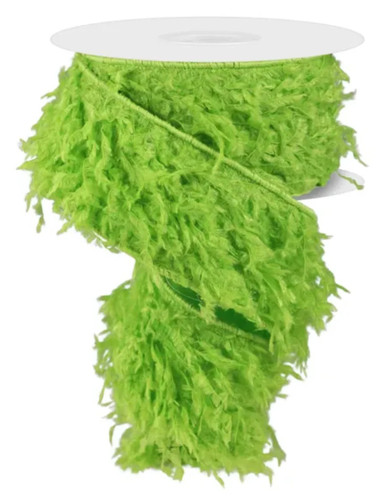 Furry Lime Green Ribbon. This lime green polyester ribbon features a soft fluffy texture with green borders. The underside is lime green satin. Measures 2.5in x 10yds.