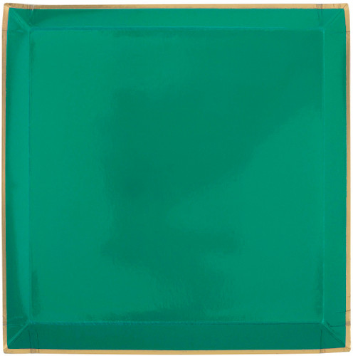 Rainforest Green Square Dinner Plates. These square shaped shallow paper plates feature a solid dark green color with a thin gold foil trim. Package includes 8 count plates measuring 9.25in.