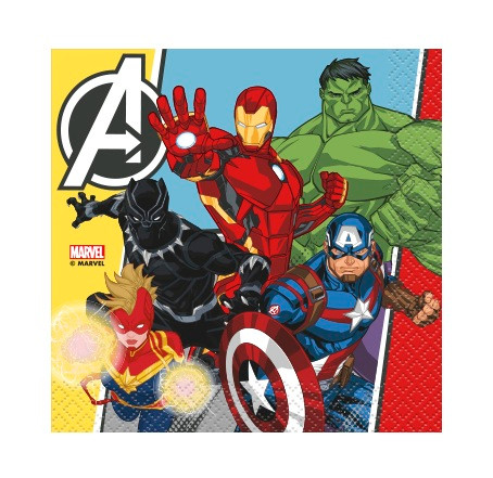 Marvel Avengers Beverage Napkins. These 2 ply paper napkins feature a group pose of Captain Marvel, Black Panther, Iron Man, The Hulk, and Captain America. Package includes 16 count napkins, measuring 5in when folded.