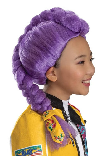 K Pop Demon Hunters Rumi Child Wig. This synthetic purple wig includes a long braid that starts on top of the head with a decorative yellow ribbon tie. Package includes wig and tie only. One size fits most children.