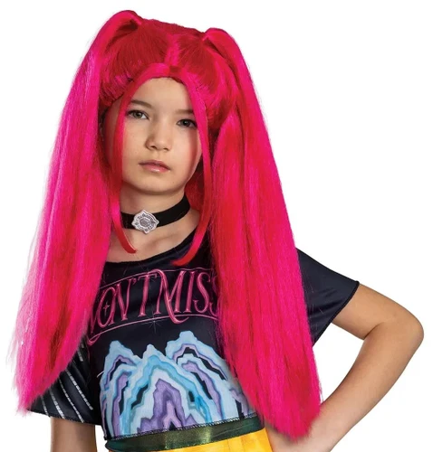 K Pop Demon Hunters Mira Child Wig. This long synthetic hair magenta wig includes two high pigtails and two strands that frame the sides of the face. Package includes wig only. One size fits most children.